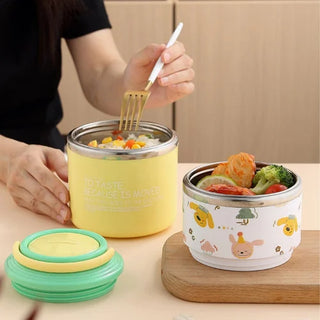 Cartoonistic Double Layer Stainless Steel Kids Lunch Box – 1060ml Insulated Thermos Food Jar with Handle