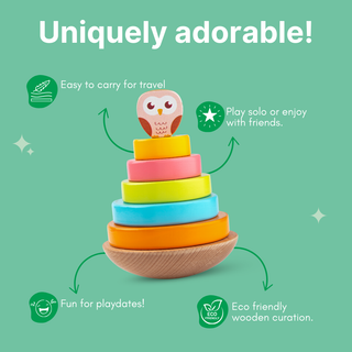 Cots and Cuddles Wooden Wobbling Owl Tower with Ring Stacking Toy for Kids