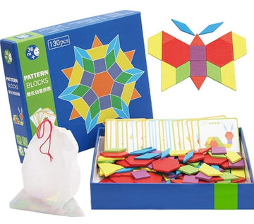 130 Pcs Wooden Pattern Blocks - Geometric Shape Wooden Blocks with 24 Design Flash Cards