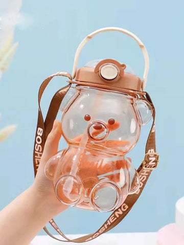 Cute Bear Shaped Water Bottle with Straw and Strap - 1000ml