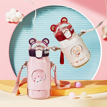 Cute Dance with Me Anti-Leak Cartoon Print Steel Water Bottle with sling strap For Kids 530ML