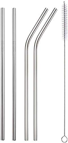 Stainless Steel Straw - Pack of 4 - Reusable Steel Straws with Cleaner - Contains Metal Straws (Straight & Bent) with Brush
