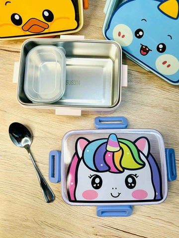 Cute Cartoon Theme Stainless Steel Lunch Box 600ml + 100ml Container and 1 Stainless Steel Spoon Free
