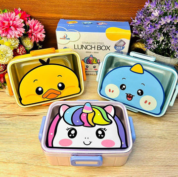 Cute Cartoon Theme Stainless Steel Lunch Box 600ml + 100ml Container and 1 Stainless Steel Spoon Free