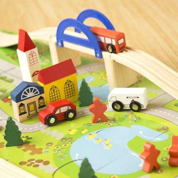 Wooden Rail Overpass Train Track Set 40 Pieces Traffic Scene Toy