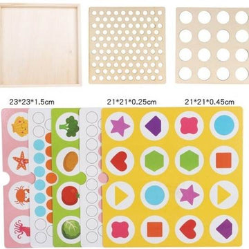 2 in 1 Wooden Board Bead Game with Rainbow Beads, Clip, Chopsticks, Shovel, Storage Bowl + Memory Game