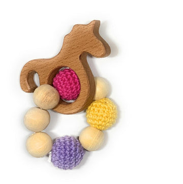 Cute Rattle Animal Shape Wooden Teether With Crochet Beads for Kids