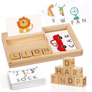 Wooden spelling game with flashcards