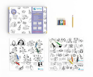 Doodle Placemats – My First Educational Set with A3 Size 4 White Reusable Placemats 10 water-based sketch pens and pencil with eraser.