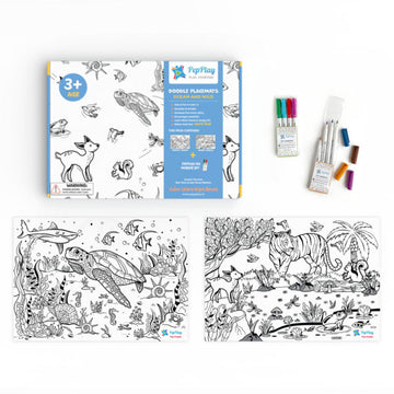Doodle Placemats Set – Animal Series with A3 Size 2 Reusable Doodle Sheets, 8 Fine Tip & Wet Erase DIY Marker Pens