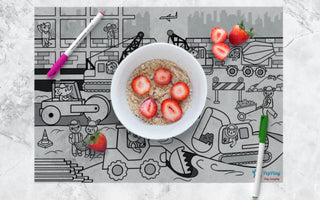Doodle Placemats Set – VEHICLE Series with A3 Size 2 Transparent Reusable Placemat & 8 set of DIY Marker Pens