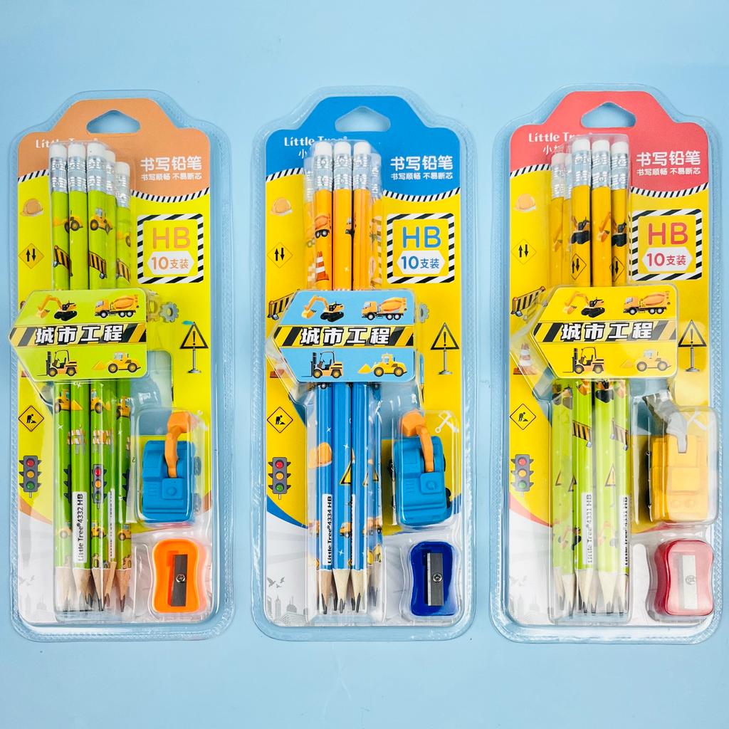 Construction Theme Stationery Combo with 12 pencil, Eraser and Sharpener - Random color