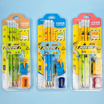 Construction Theme Stationery Combo with 12 pencil, Eraser and Sharpener - Random color