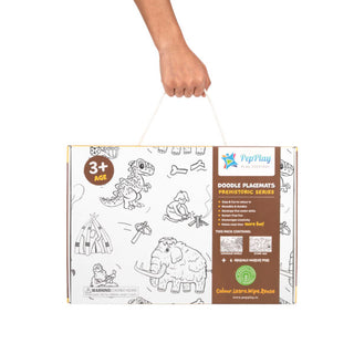 Doodle Placemats Set – PREHISTORIC Series with A3 Size 2 Doodle Sheets 6 Fine-Tip & Wet Erase DIY marker pens.
