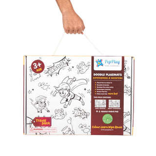 Doodle Placemats Travel Set – SUPERHEROES & MONSTERS with A4 Size 2 Reusable Doodle Sheets, 6 fine tip, Wet Erase & DIY Marker Pens