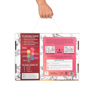 Doodle Placemats Travel Set – SUPERHEROES & MONSTERS with A4 Size 2 Reusable Doodle Sheets, 6 fine tip, Wet Erase & DIY Marker Pens