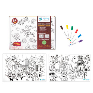 Doodle Placemats Travel Set – SUPERHEROES & MONSTERS with A4 Size 2 Reusable Doodle Sheets, 6 fine tip, Wet Erase & DIY Marker Pens