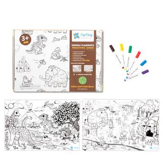 Doodle Placemats Set – PREHISTORIC Series with A3 Size 2 Doodle Sheets 6 Fine-Tip & Wet Erase DIY marker pens.