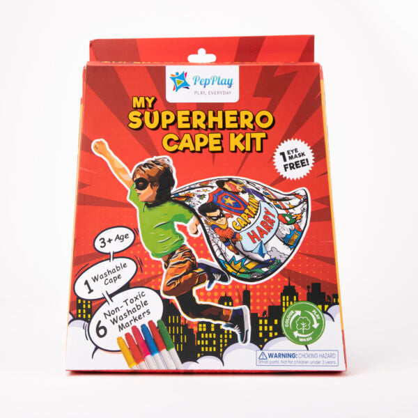 My SuperHero Cape Kit with Fine Cotton Cape, Comfortable Velcro Neck Closure, 6 Washable Non-Toxic Markers, and 1 free eye mask
