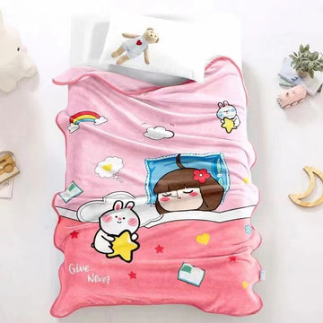 Premium Quality Cartoon Printed Fur Material Warm Blanket for Kids-Pink Sleepy Baby Girl