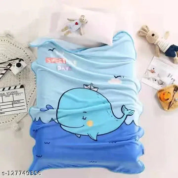 Premium Quality Cartoon Printed Fur Material Warm Blanket for Kids- Whale Blanket