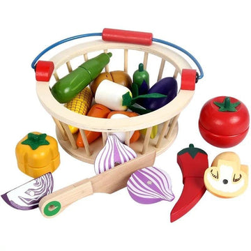 Wooden Realistic Sliceable Cutting Play Kitchen Toy with Vegetables and Fruit With knife for Kids - Magnetic - Multicolour