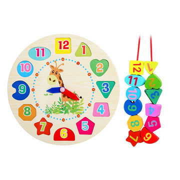 Wooden Learning Clock with Bead Lace , Educational Digital Analog Numbers, Shape & Color Learning Montessori Toy for Kids- Multi Color