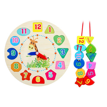 Wooden Learning Clock with Bead Lace , Educational Digital Analog Numbers, Shape & Color Learning Montessori Toy for Kids- Multi Color