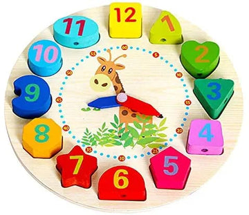 Wooden Learning Clock with Bead Lace , Educational Digital Analog Numbers, Shape & Color Learning Montessori Toy for Kids- Multi Color