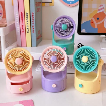 Electric Fan with Drawer,  Mini Desktop Charging Hand Fan(Outer Box Slightly Damage)
