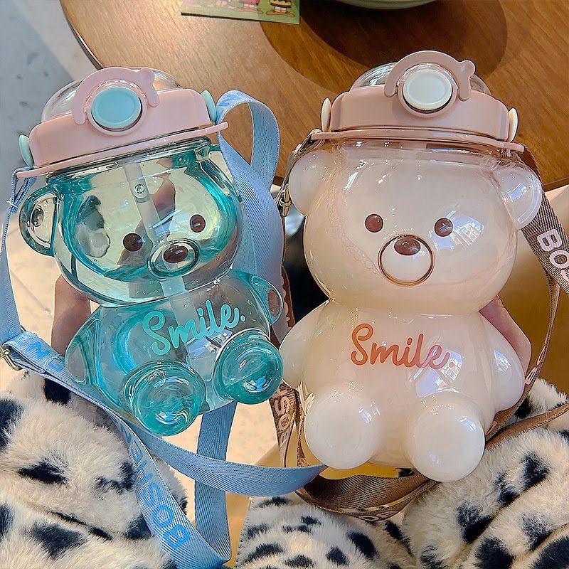 Cute Bear Shaped Water Bottle with Straw and Strap - 1000ml