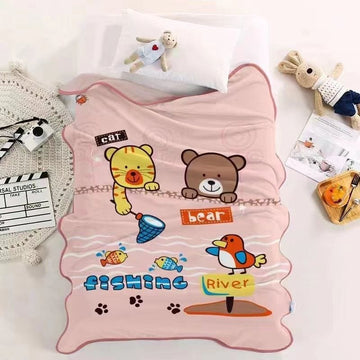 Premium Quality Cartoon Printed Fur Material Warm Blanket for Kids- Fishing Bear