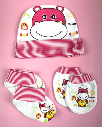 New Born Baby Boys and Girls Unisex Multicolor Soft Cotton Cap, Mittens & Booties Set (0-6 Months)