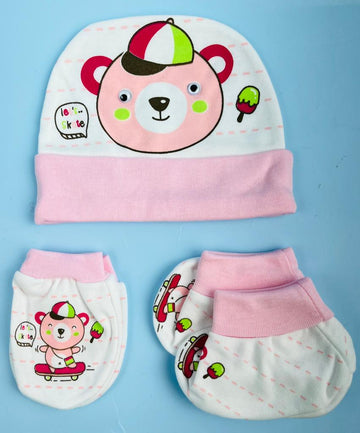 Soft New Born Baby Cotton Caps Booties Mittens (0-6 Month) Set of 4