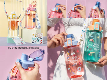 Premium Quality 1200ml Water Bottle with Straw and Shoulder Strap and Sticker for Students