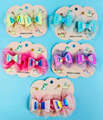 Cute Net  Bow Large  Glitter Hair Clip For Kids ( Pack Of 2)