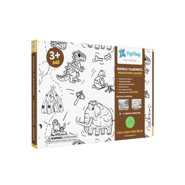 Doodle Placemats Set – PREHISTORIC Series with A3 Size 2 Doodle Sheets 6 Fine-Tip & Wet Erase DIY marker pens.