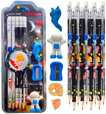Space Theme Pencil Set with Sharpener, Eraser &amp; Pencil Cap
